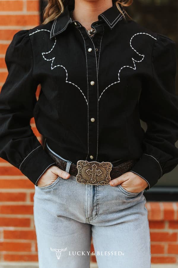 Westernblus i svart denim