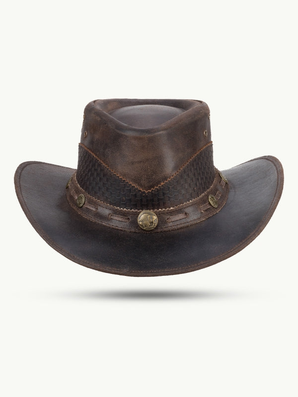 Läderhatt Mörkbrun med Bisonconchos
