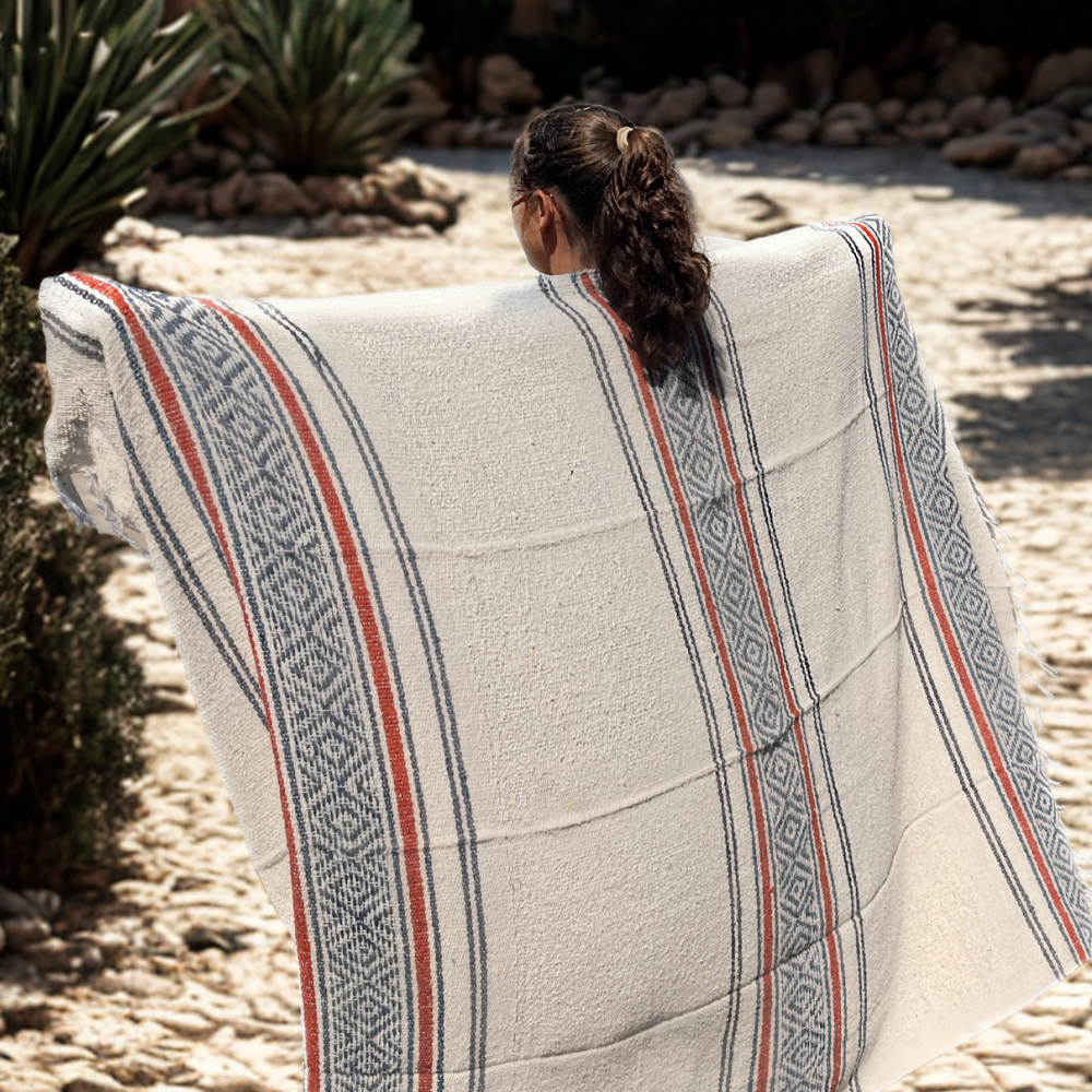 Mexican Blanket - White - Blue - Red