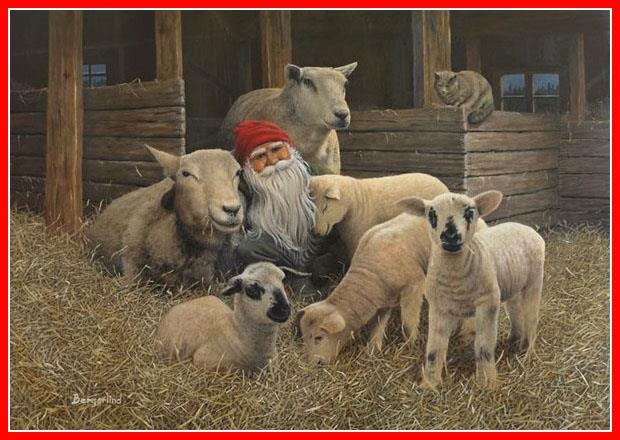 Julbonad Papper - Tomte med fåren i stallet
