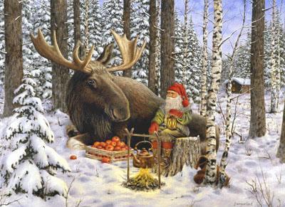 Julkort - Tomte och älg vid brasan