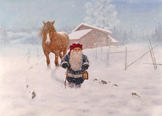 Julkort - Tomte och häst i snöyra