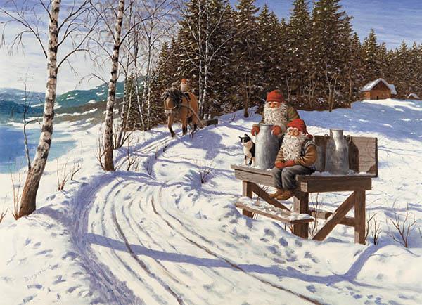 Julkort - Tomtar på mjölkpall