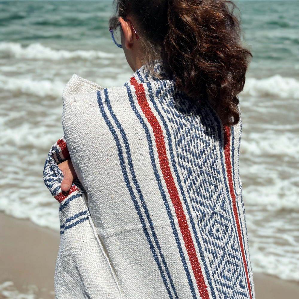 Mexican Blanket - White - Blue - Red