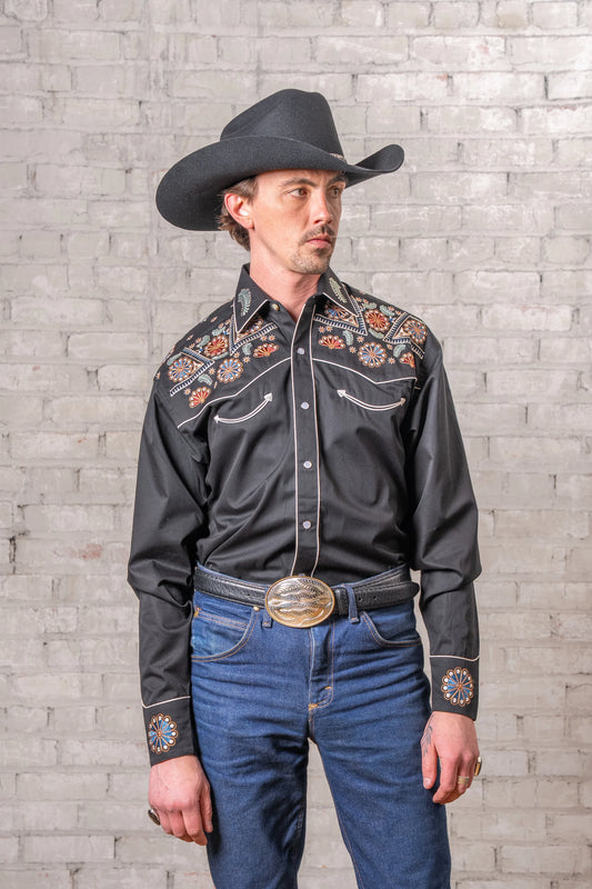 Westernskjorta Vintage Black Floral & Stars Embroidered Rockmount Ranch Wear