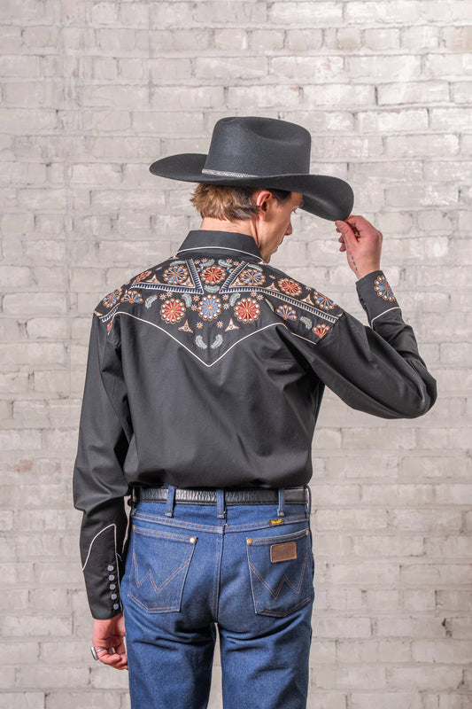 Westernskjorta Vintage Black Floral & Stars Embroidered Rockmount Ranch Wear