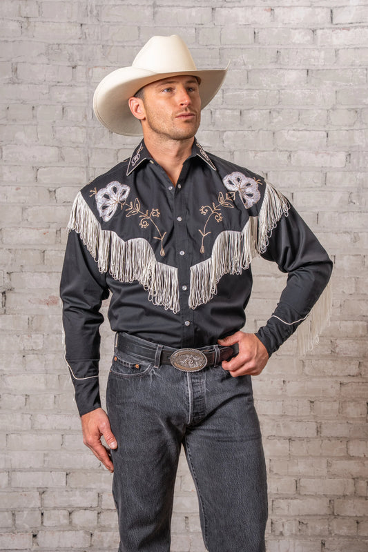 Westernskjorta Vintage Fringe Black Embroidered Rockmount Ranch Wear