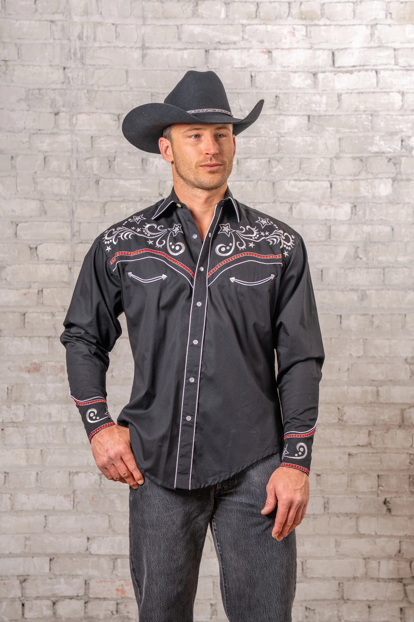 Westernskjorta Vintage Black Stars & Scrolls Embroidered Rockmount Ranch Wear