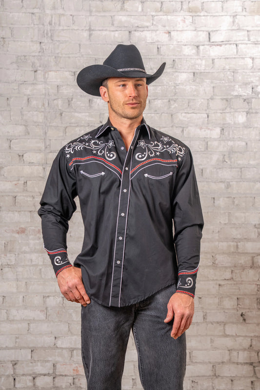 Westernskjorta Vintage Black Stars & Scrolls Embroidered Rockmount Ranch Wear