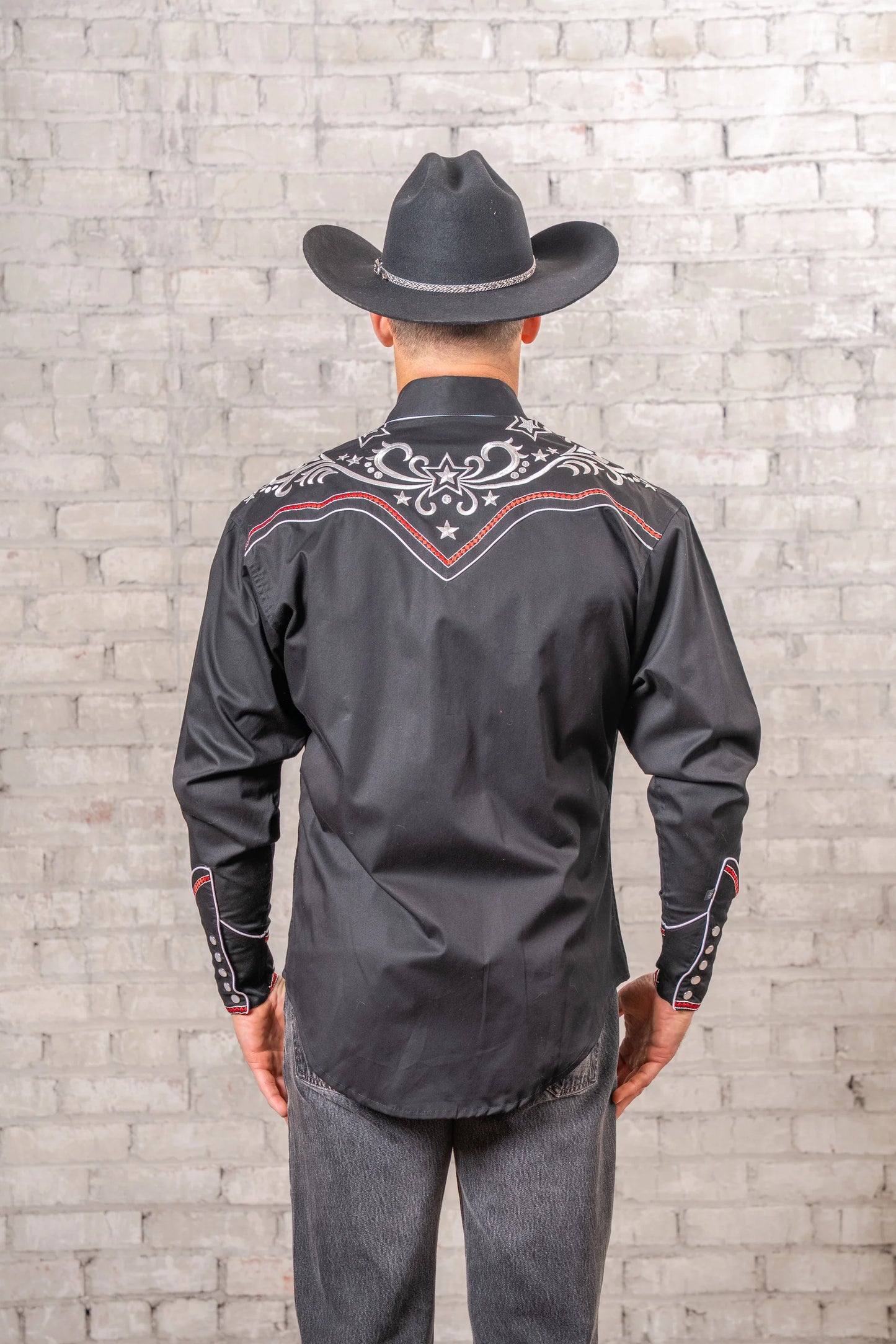 Westernskjorta Vintage Black Stars & Scrolls Embroidered Rockmount Ranch Wear