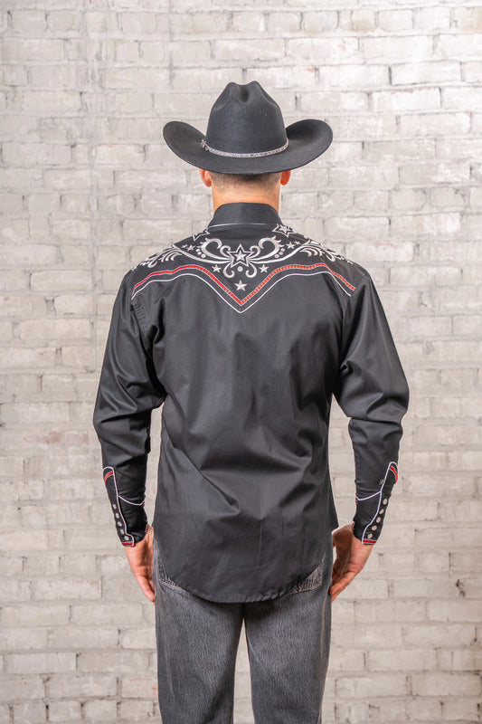 Westernskjorta Vintage Black Stars & Scrolls Embroidered Rockmount Ranch Wear