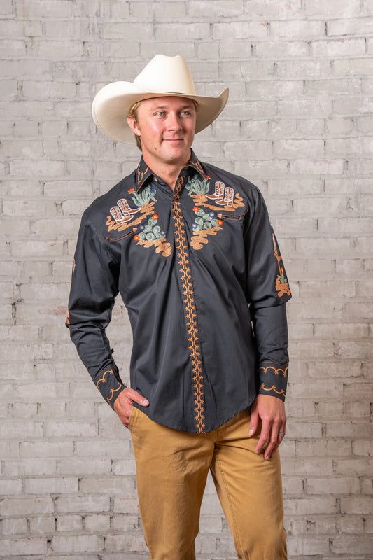 Westernskjorta Black Cactus & Cowboy Boots Embroidered Rockmount Ranch Wear