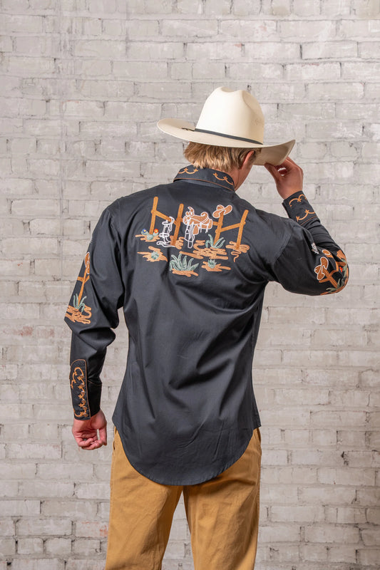 Westernskjorta Black Cactus & Cowboy Boots Embroidered Rockmount Ranch Wear