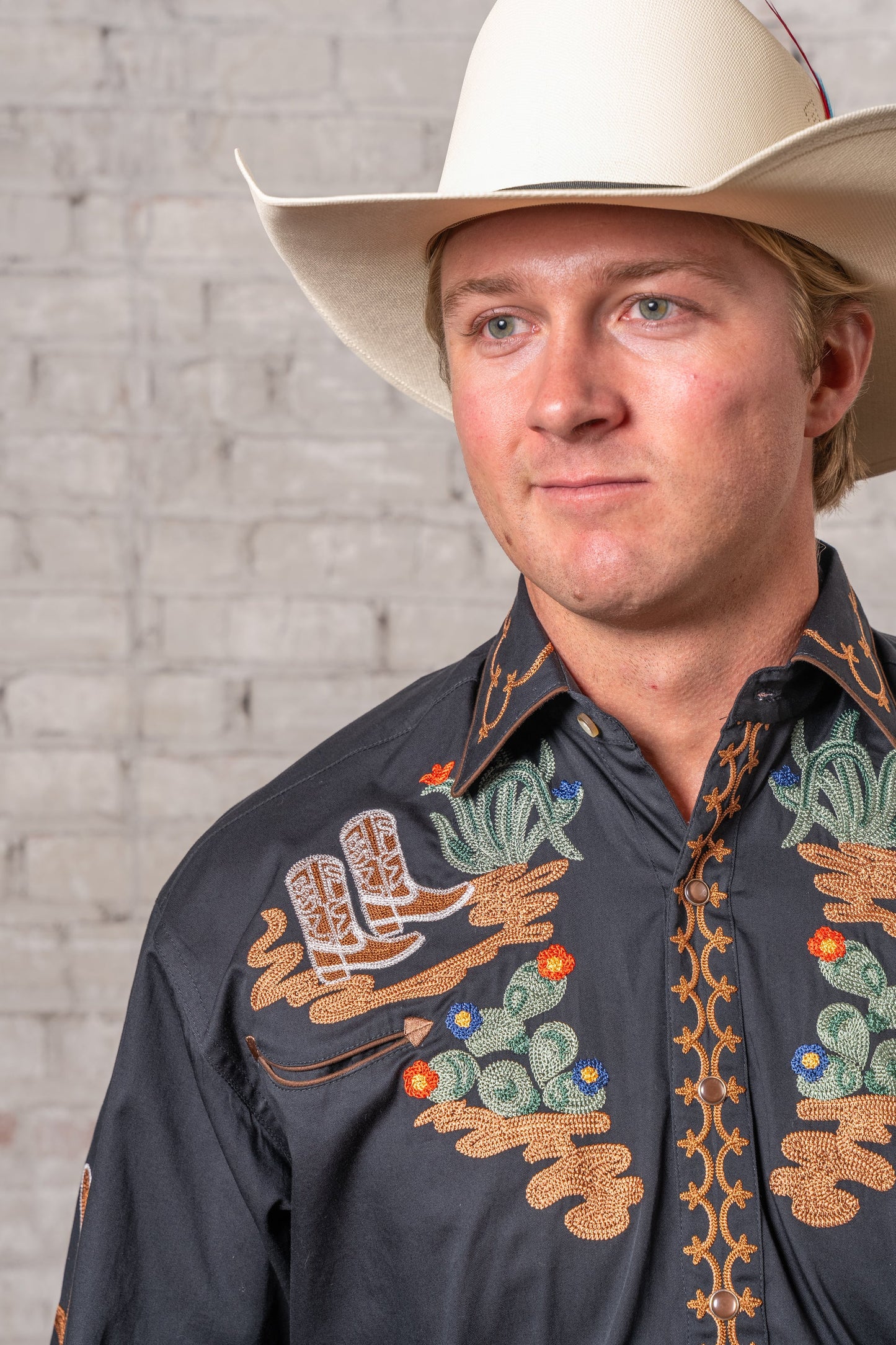 Westernskjorta Black Cactus & Cowboy Boots Embroidered Rockmount Ranch Wear