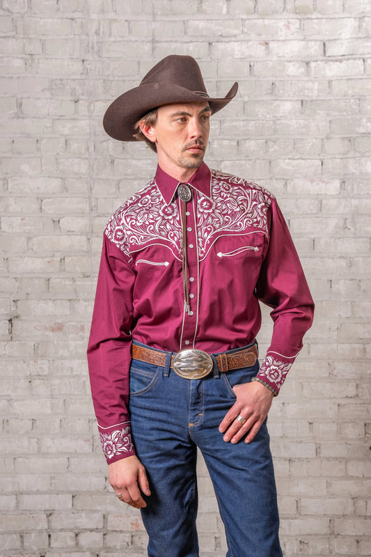 Westernskjorta Vintage Burgundy & Silver Tooling Embroidered Rockmount Ranch Wear