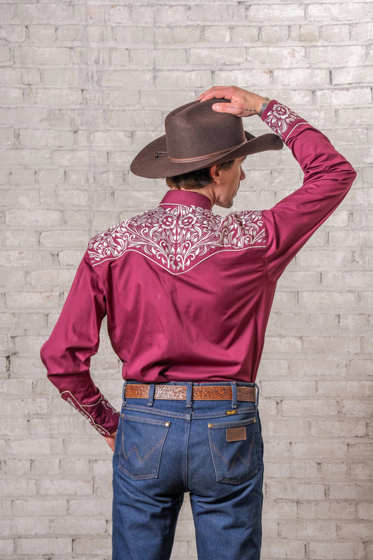 Westernskjorta Vintage Burgundy & Silver Tooling Embroidered Rockmount Ranch Wear