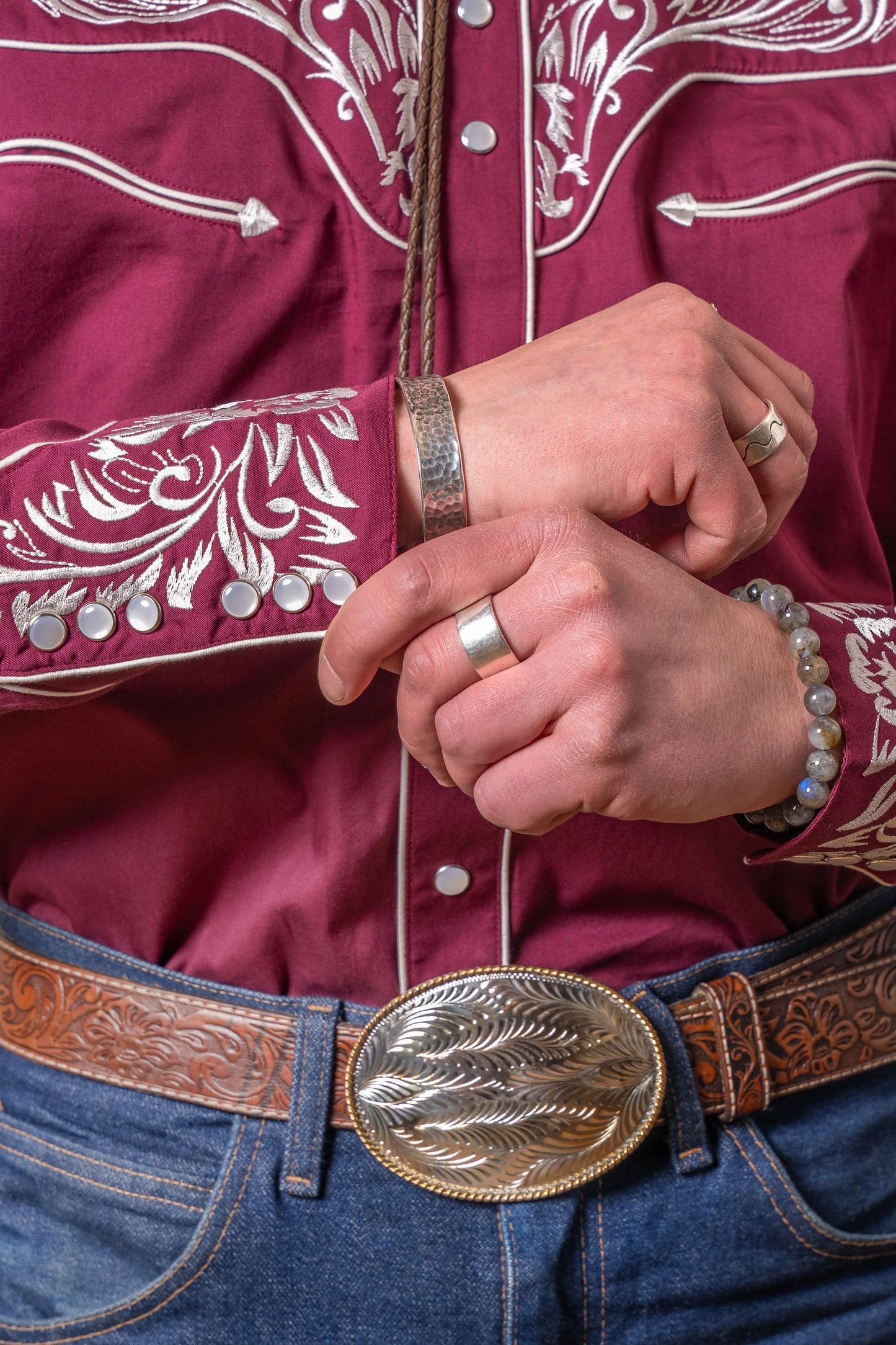 Westernskjorta Vintage Burgundy & Silver Tooling Embroidered Rockmount Ranch Wear