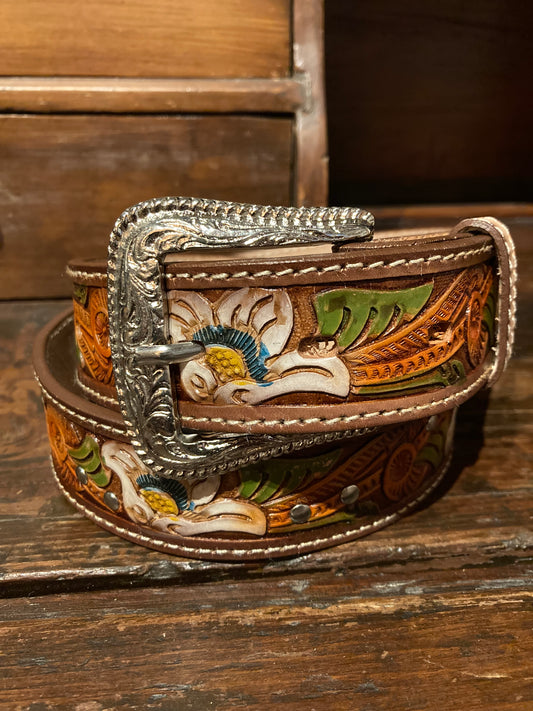 Westernbälte läder brunt med målat mönster