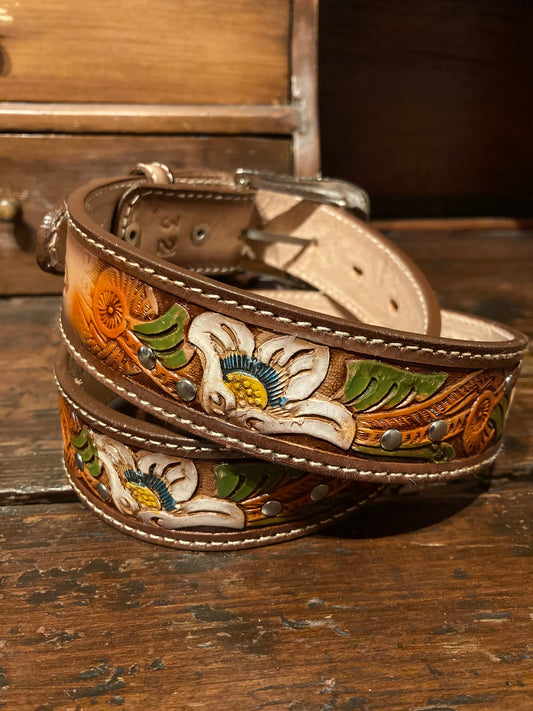 Westernbälte läder brunt med målat mönster