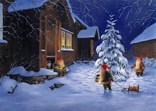 Julkort - Tomtar på gården