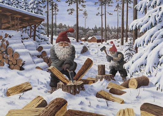 Julkort - Tomtar hugger ved