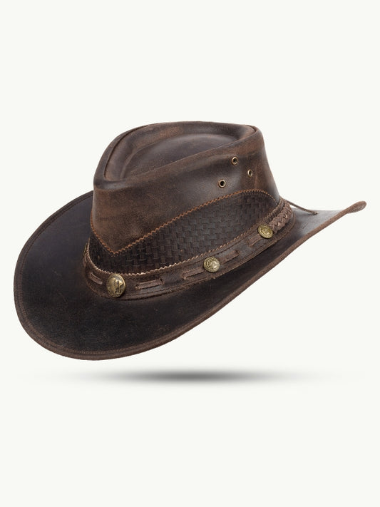 Läderhatt Mörkbrun med Bisonconchos