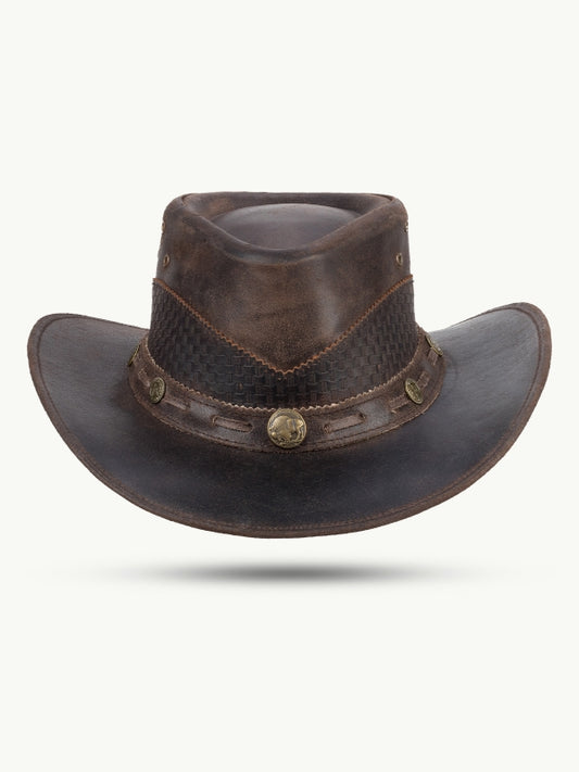 Läderhatt Mörkbrun med Bisonconchos