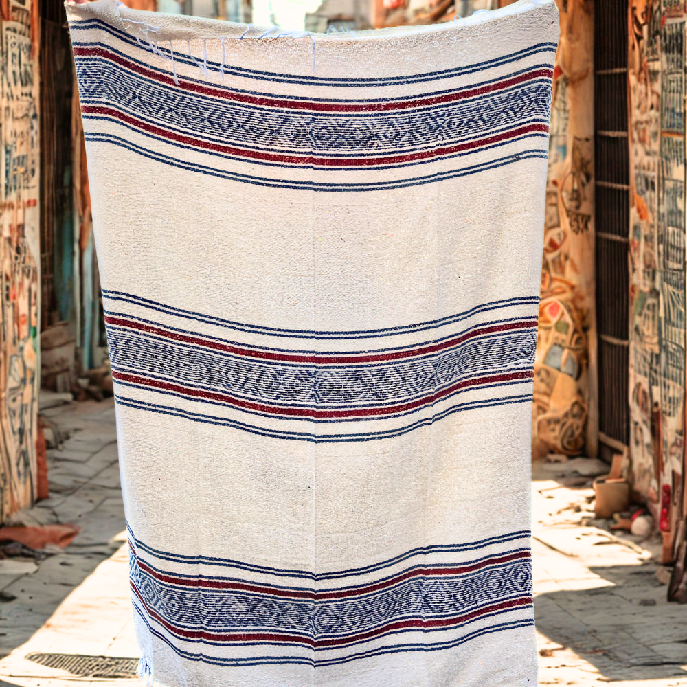 Mexican Blanket - White - Blue - Red