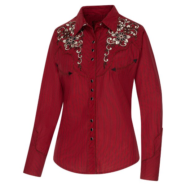 Westernblus vinröd randig med broderier