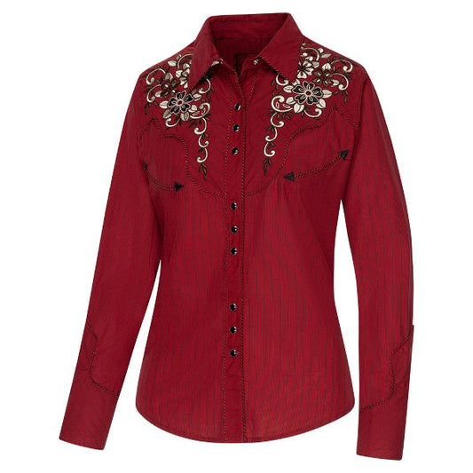 Westernblus vinröd randig med broderier