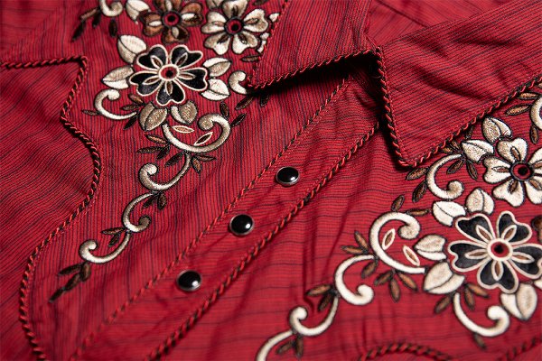 Westernblus vinröd randig med broderier