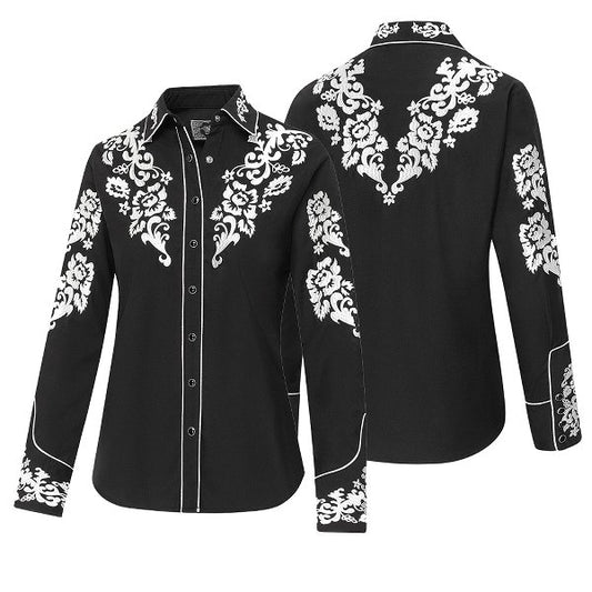 Westernblus Svart med Vita Broderier