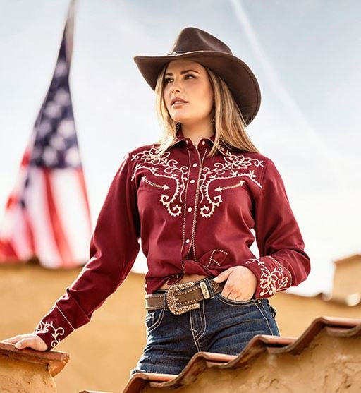 Westernblus vinröd med broderier