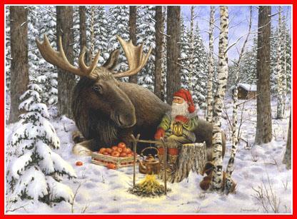 Julbonad Papper - Tomte och älg vid brasan