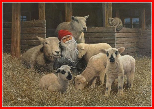 Julbonad Papper - Tomte med fåren i stallet