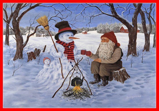 Julbonad Papper - Tomte och snögubbe vid brasan