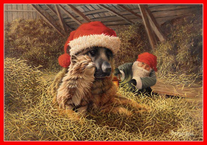 Julbonad Papper - Katt, hund och tomte på höskullen