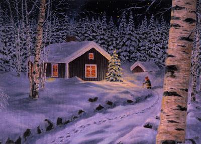 Julkort - Stuga i snöig skog