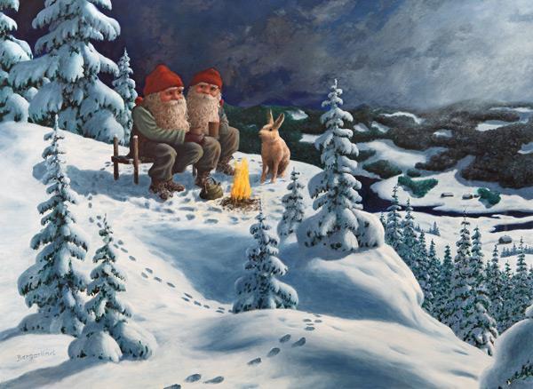 Julkort - Tomtar och hare på kulle