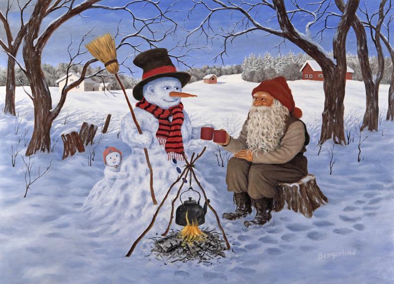 Julkort - Tomte och snögubbe vid brasan
