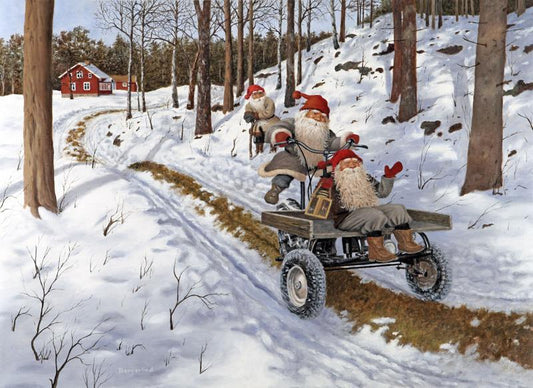 Julkort - Tomtar på flakmoppe