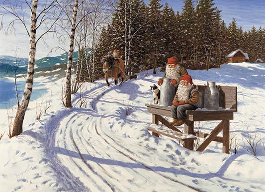 Julkort - Tomtar på mjölkpall